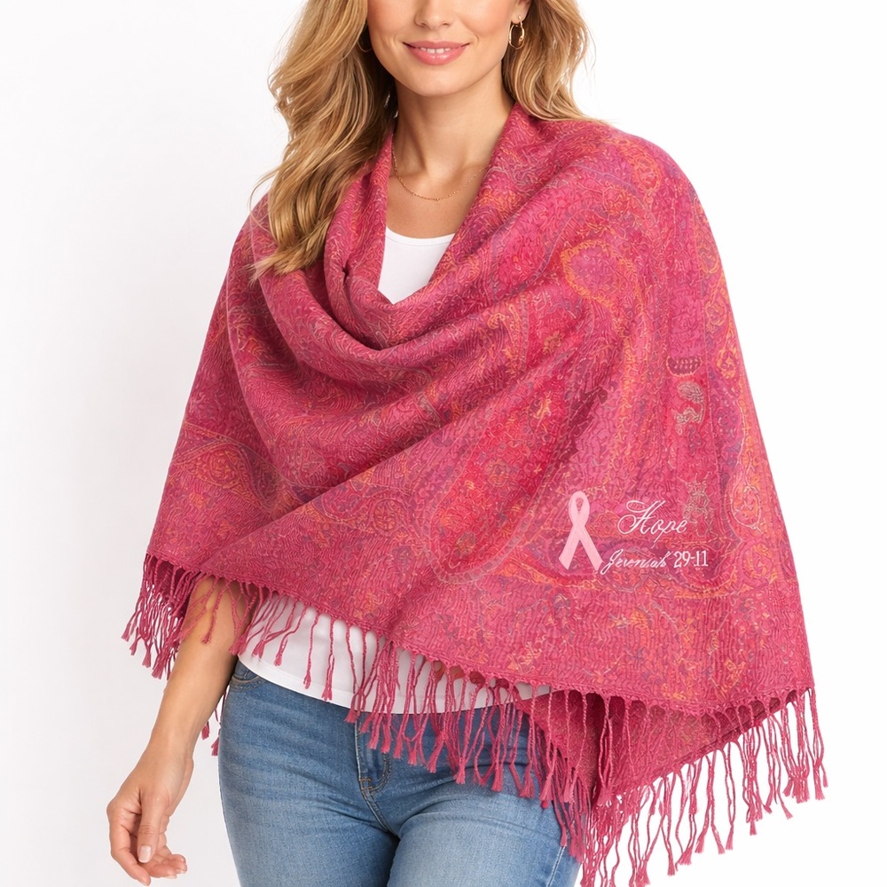 Hope Breast Cancer Awareness Scarf Pink Paisley Fringe Wrap Shawl, NWOT